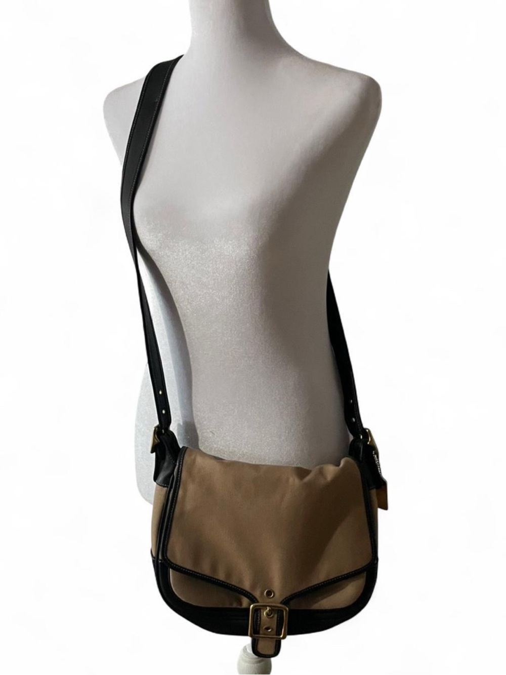 Coach Tan and Black Canvas Crossbody with Front Buckle